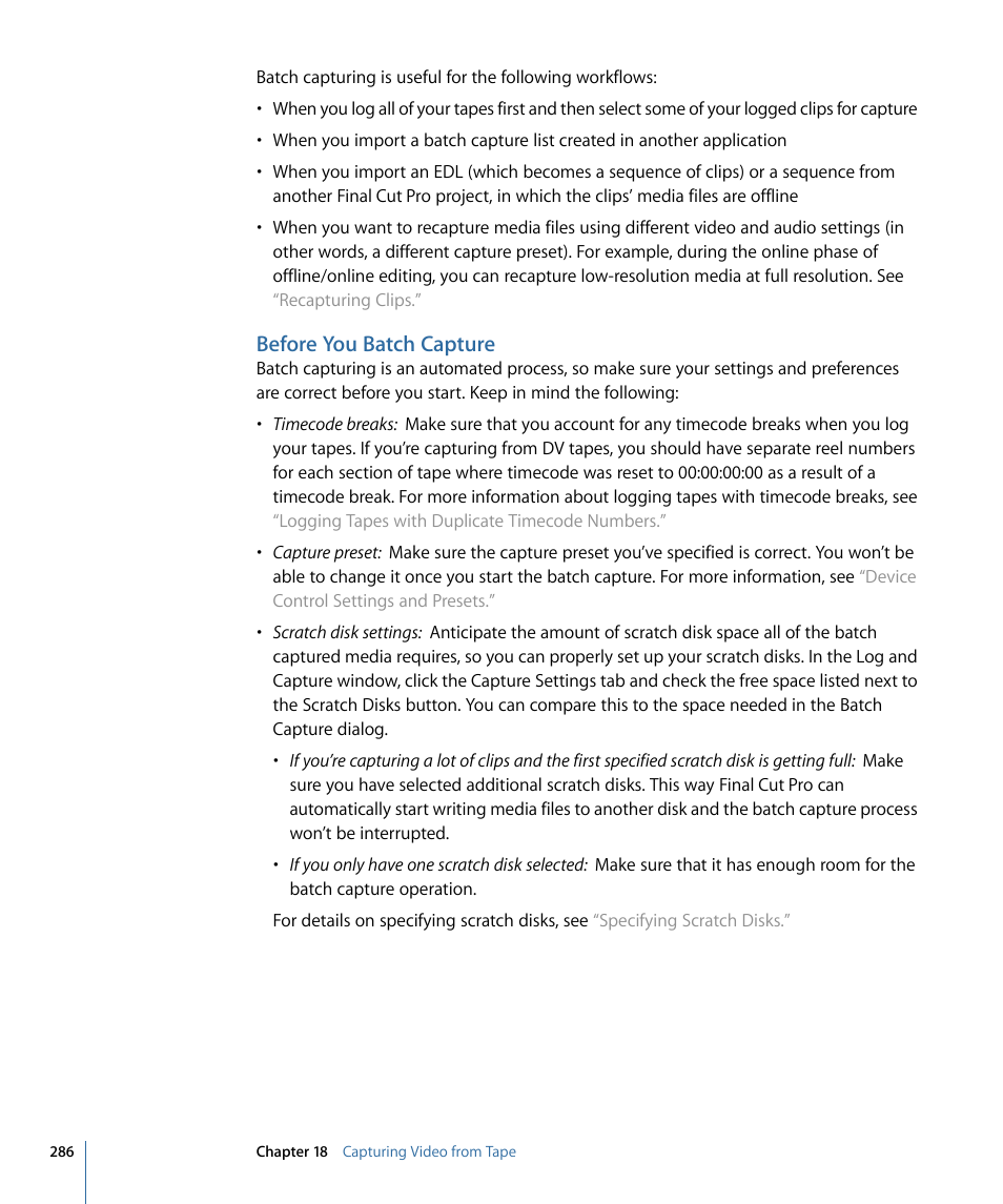 Before you batch capture | Apple Final Cut Pro 7 User Manual | Page 286 / 1990