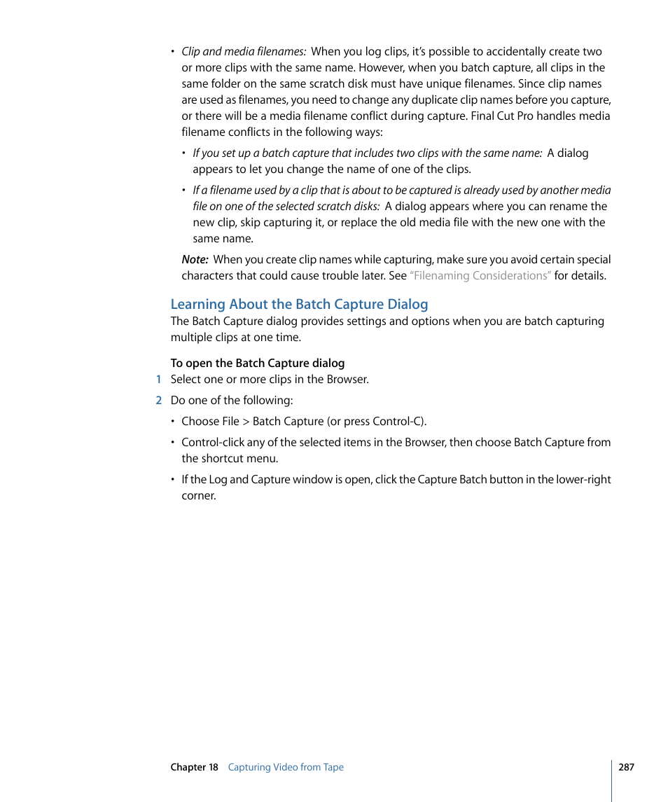 Learning about the batch capture dialog | Apple Final Cut Pro 7 User Manual | Page 287 / 1990