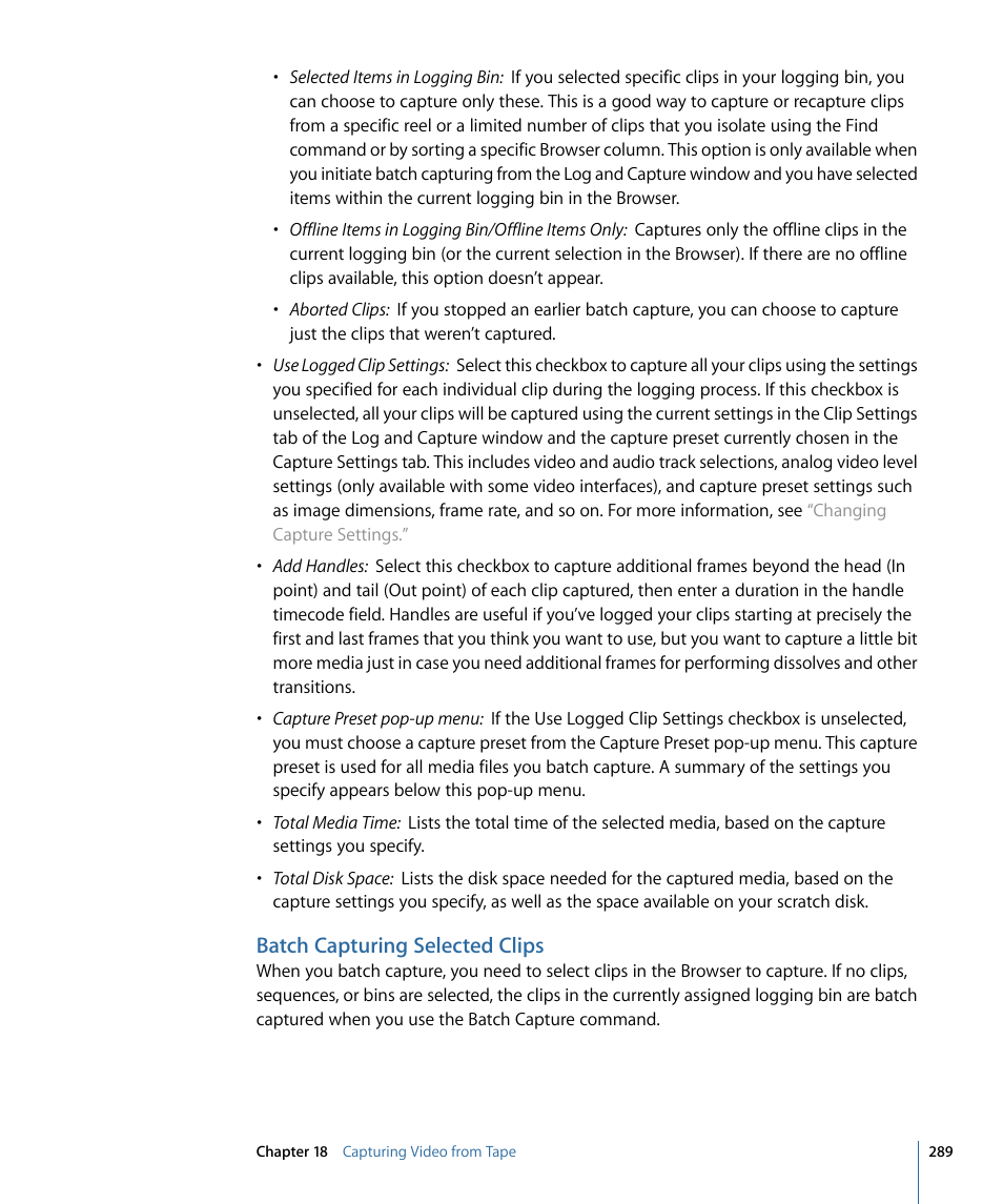 Batch capturing selected clips | Apple Final Cut Pro 7 User Manual | Page 289 / 1990