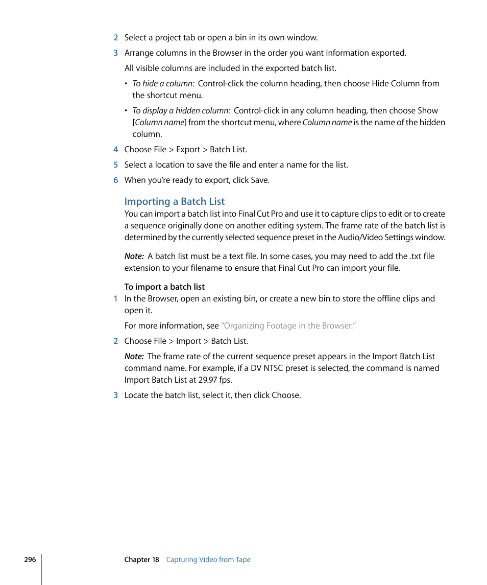 Importing a batch list | Apple Final Cut Pro 7 User Manual | Page 296 / 1990