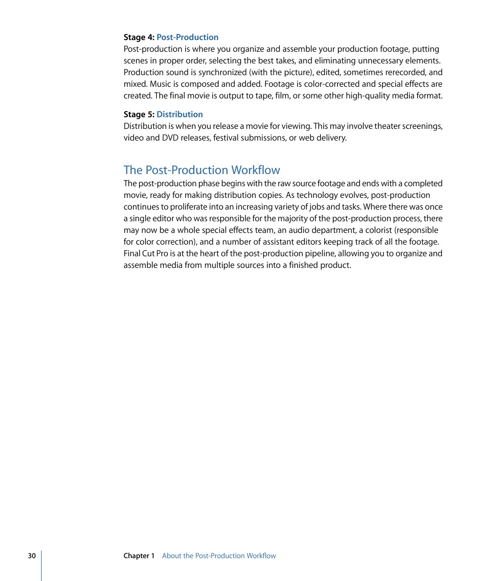 The post-production workflow | Apple Final Cut Pro 7 User Manual | Page 30 / 1990