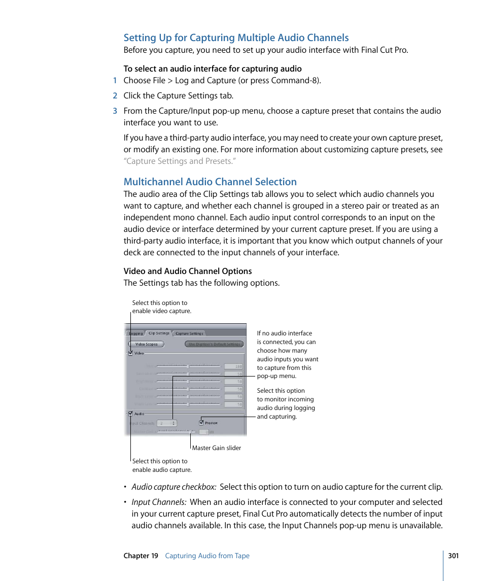 Setting up for capturing multiple audio channels, Multichannel audio channel selection | Apple Final Cut Pro 7 User Manual | Page 301 / 1990