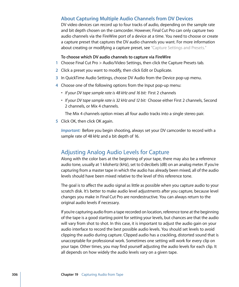 Adjusting analog audio levels for capture | Apple Final Cut Pro 7 User Manual | Page 306 / 1990