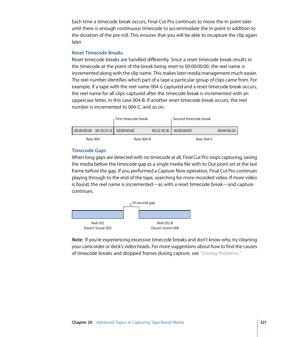 Reset timecode breaks, Timecode gaps | Apple Final Cut Pro 7 User Manual | Page 321 / 1990