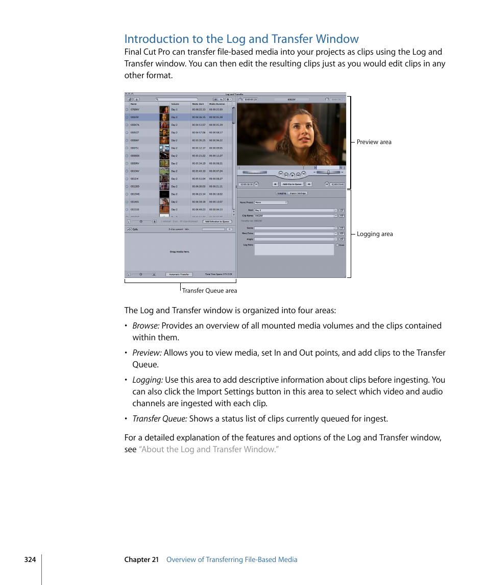 Introduction to the log and transfer window | Apple Final Cut Pro 7 User Manual | Page 324 / 1990