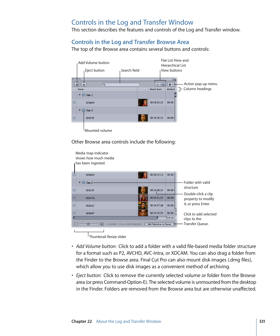 Controls in the log and transfer window, Controls in the log and transfer browse area | Apple Final Cut Pro 7 User Manual | Page 331 / 1990