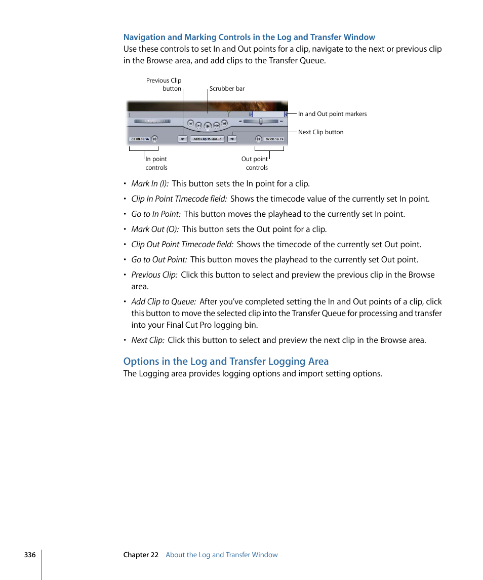 Options in the log and transfer logging area | Apple Final Cut Pro 7 User Manual | Page 336 / 1990