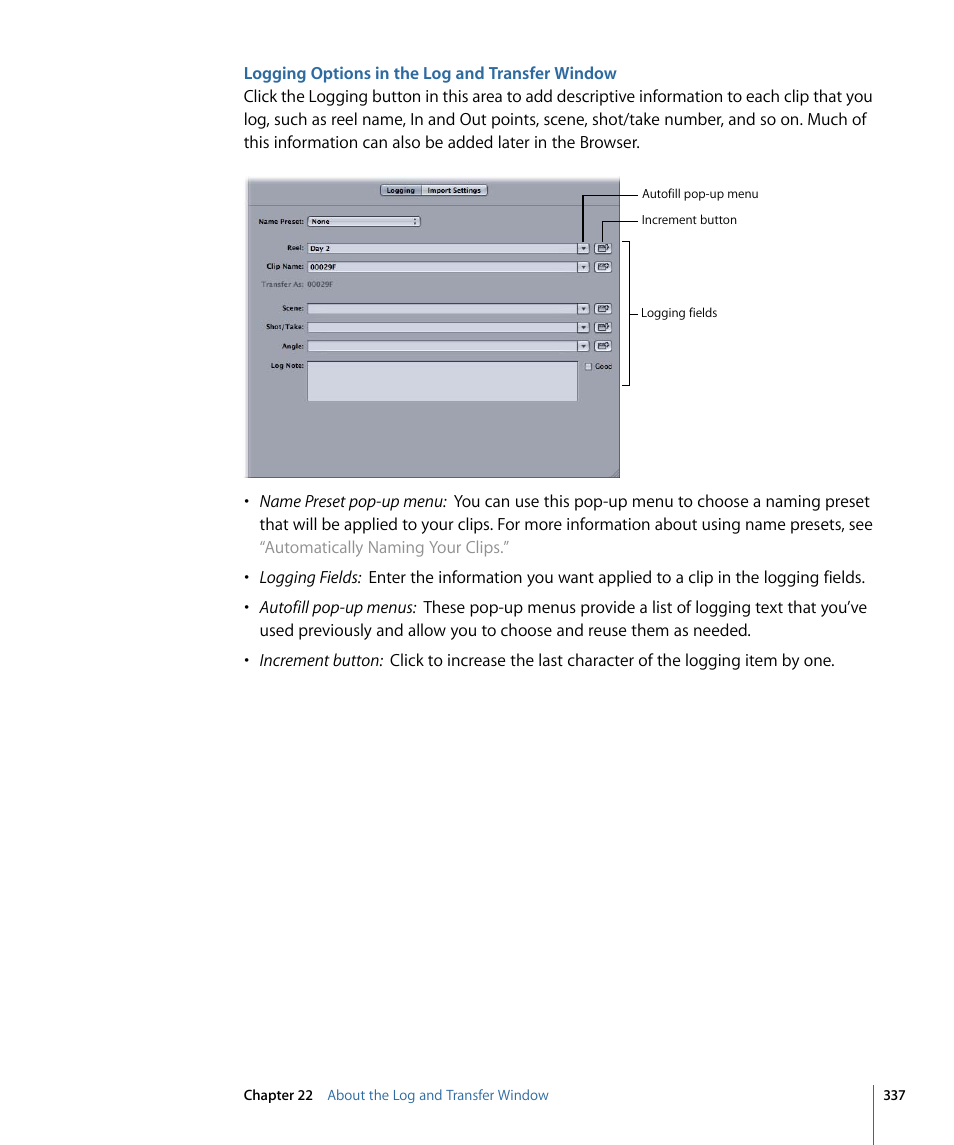 Logging options in the log and transfer window | Apple Final Cut Pro 7 User Manual | Page 337 / 1990