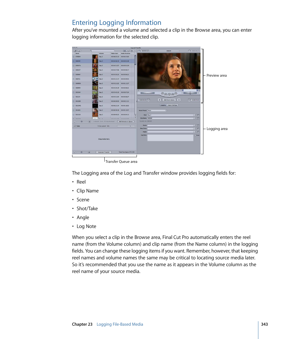 Entering logging information | Apple Final Cut Pro 7 User Manual | Page 343 / 1990