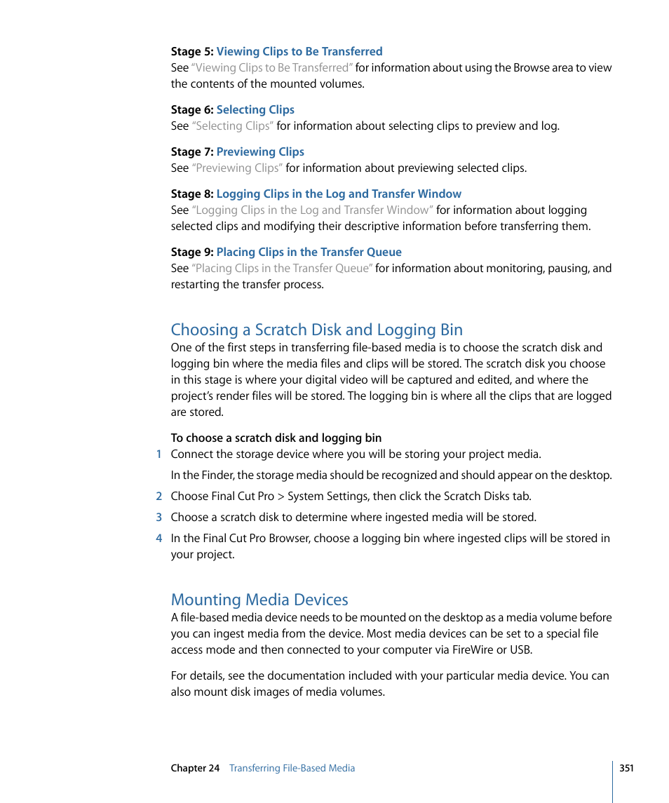 Choosing a scratch disk and logging bin, Mounting media devices | Apple Final Cut Pro 7 User Manual | Page 351 / 1990