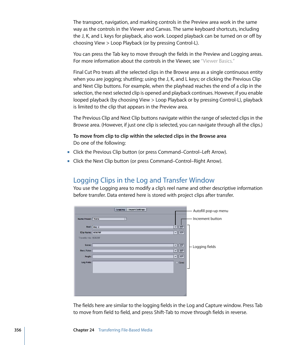 Logging clips in the log and transfer window | Apple Final Cut Pro 7 User Manual | Page 356 / 1990