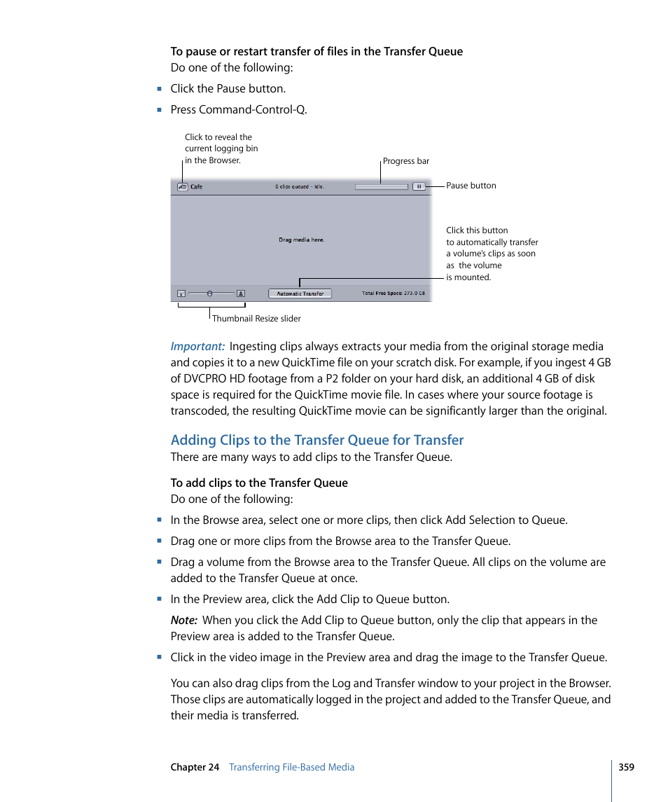 Adding clips to the transfer queue for transfer | Apple Final Cut Pro 7 User Manual | Page 359 / 1990