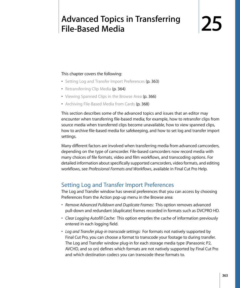 Advanced topics in transferring file-based media, Setting log and transfer import preferences | Apple Final Cut Pro 7 User Manual | Page 363 / 1990