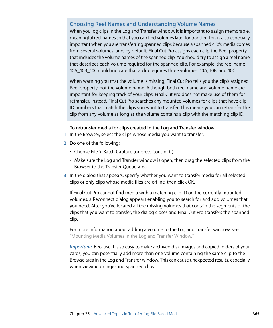 Choosing reel names and understanding volume names | Apple Final Cut Pro 7 User Manual | Page 365 / 1990