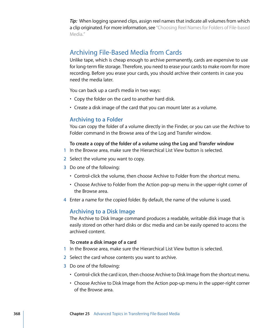 Archiving file-based media from cards, Archiving to a folder, Archiving to a disk image | Apple Final Cut Pro 7 User Manual | Page 368 / 1990