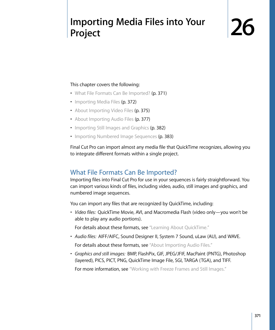 Importing media files into your project, What file formats can be imported | Apple Final Cut Pro 7 User Manual | Page 371 / 1990