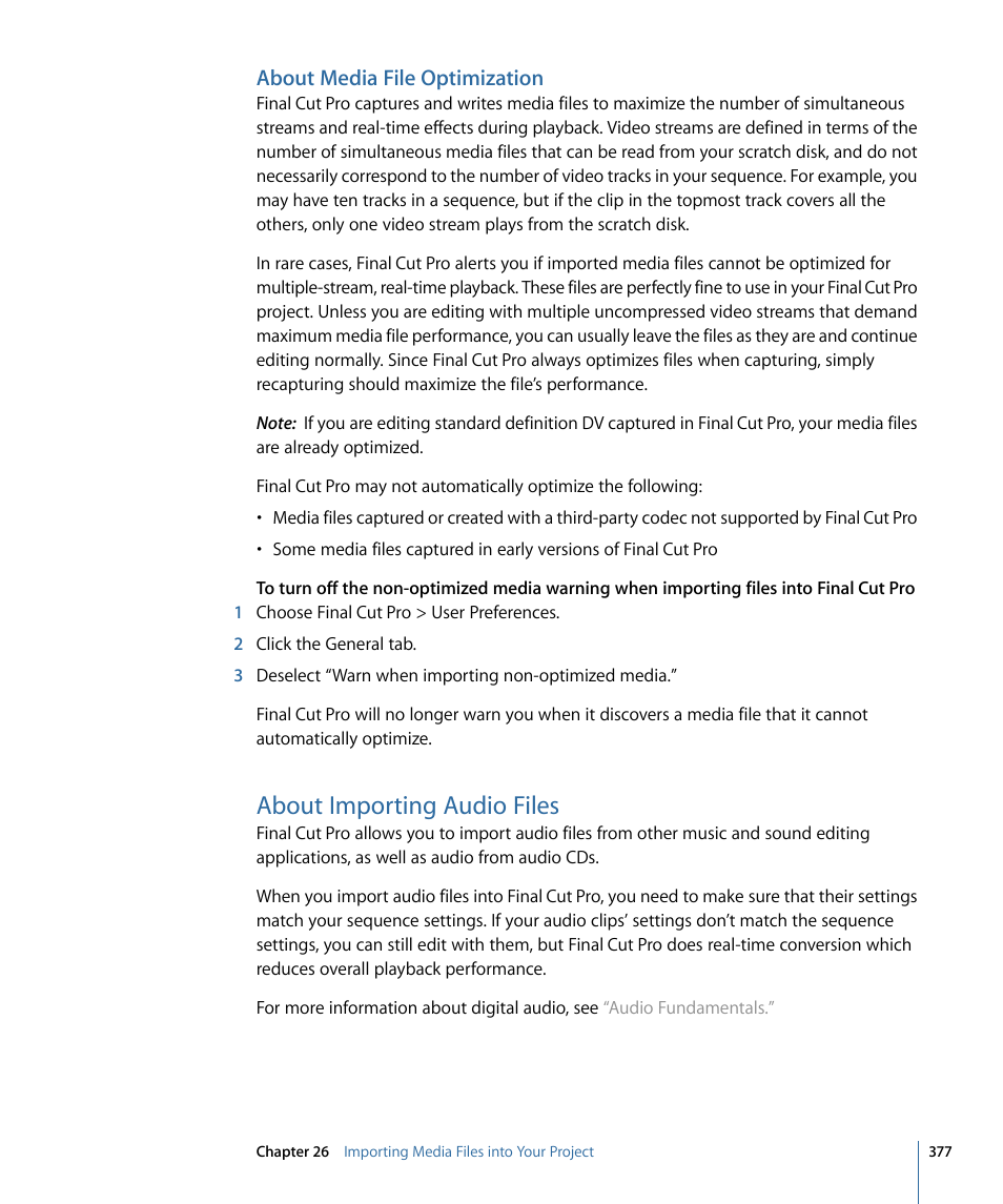 About media file optimization, About importing audio files, About importing | Audio files | Apple Final Cut Pro 7 User Manual | Page 377 / 1990