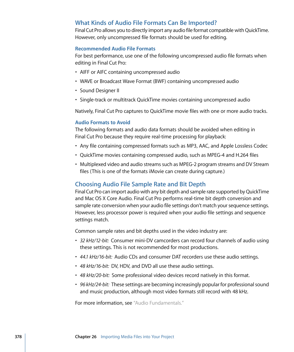 What kinds of audio file formats can be imported, Recommended audio file formats, Audio formats to avoid | Choosing audio file sample rate and bit depth | Apple Final Cut Pro 7 User Manual | Page 378 / 1990