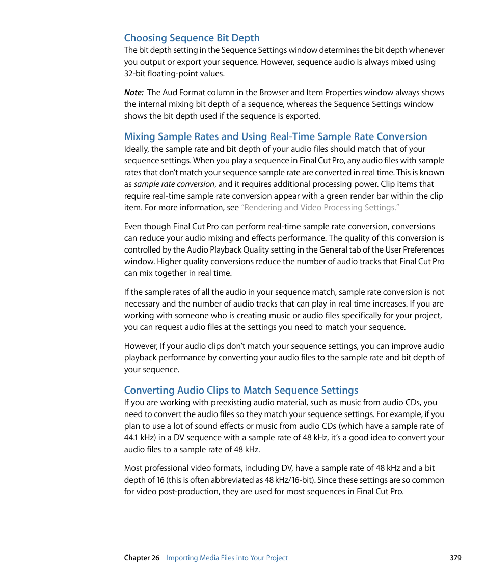 Choosing sequence bit depth, Converting audio clips to match sequence settings | Apple Final Cut Pro 7 User Manual | Page 379 / 1990