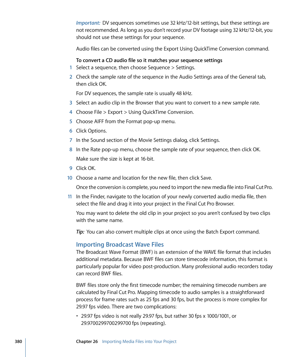 Importing broadcast wave files | Apple Final Cut Pro 7 User Manual | Page 380 / 1990