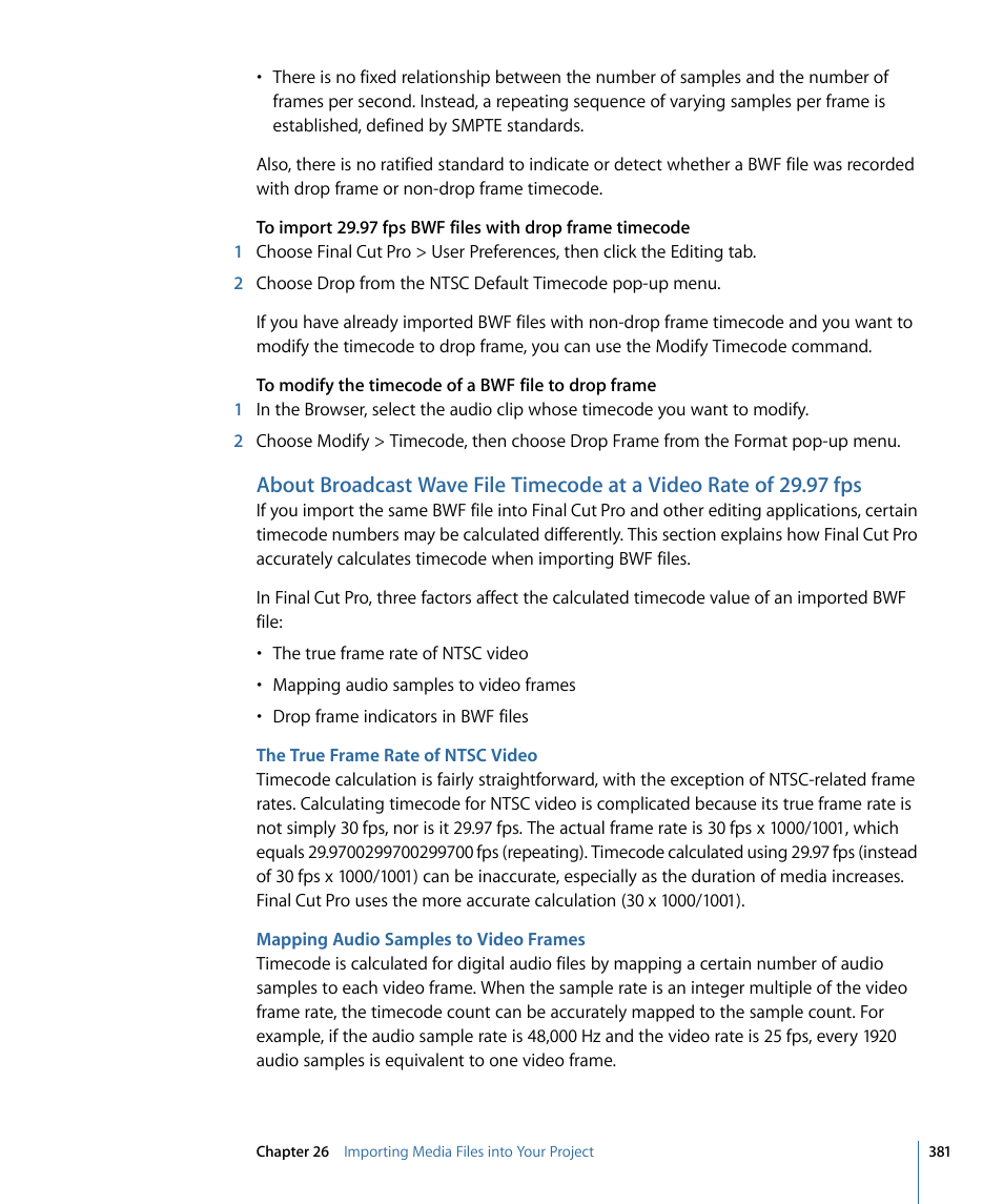 The true frame rate of ntsc video, Mapping audio samples to video frames | Apple Final Cut Pro 7 User Manual | Page 381 / 1990