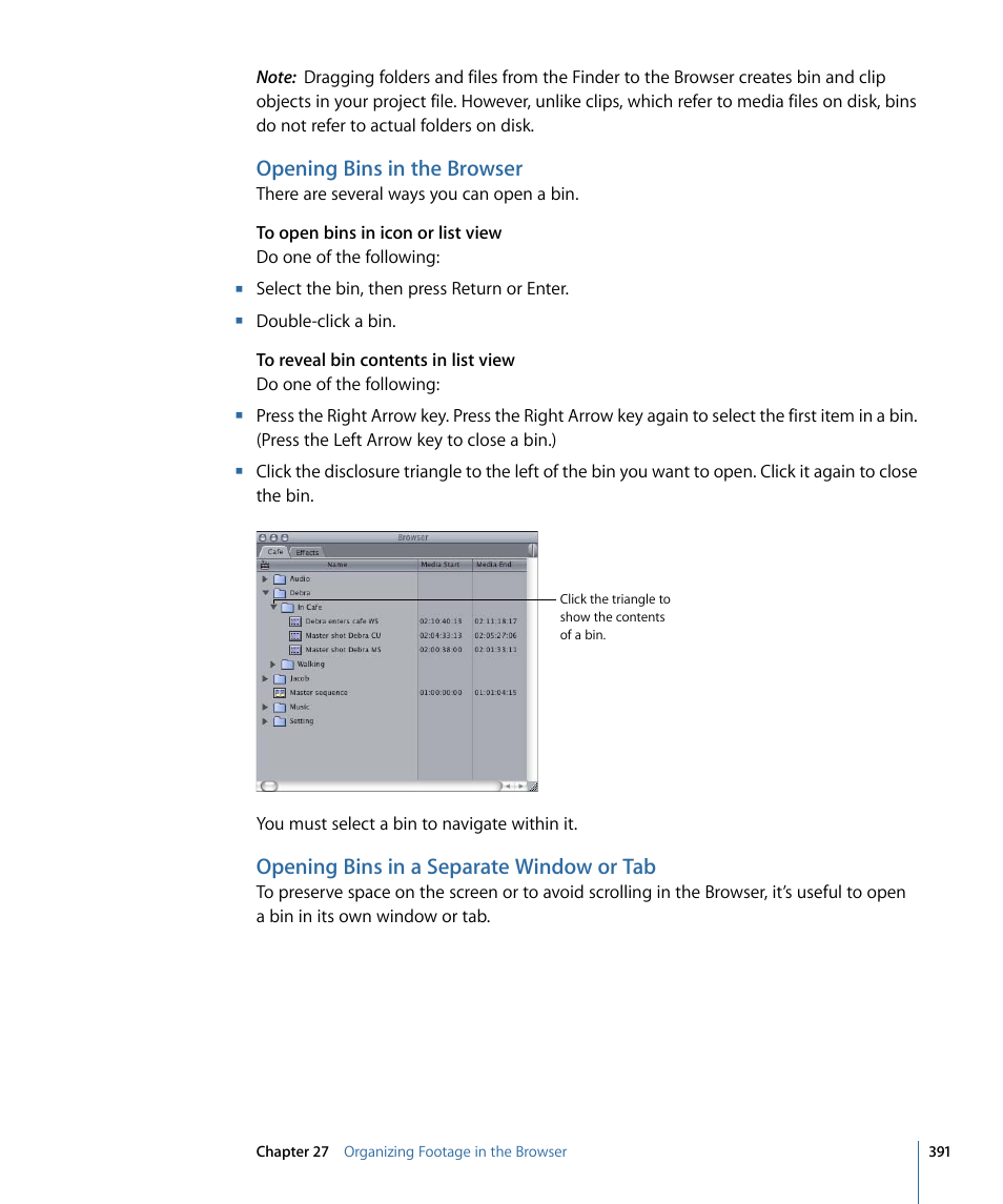 Opening bins in the browser, Opening bins in a separate window or tab | Apple Final Cut Pro 7 User Manual | Page 391 / 1990