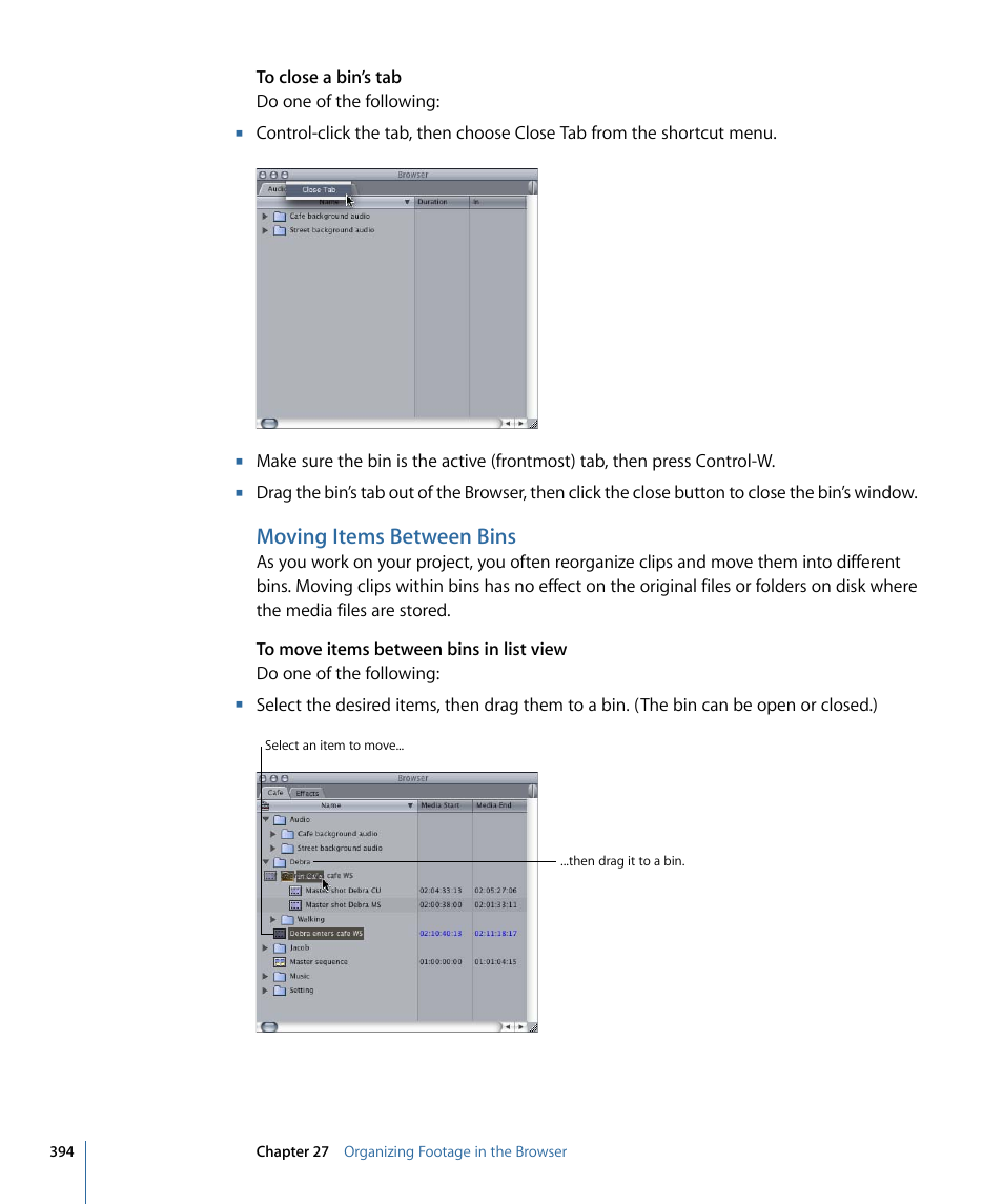 Moving items between bins | Apple Final Cut Pro 7 User Manual | Page 394 / 1990