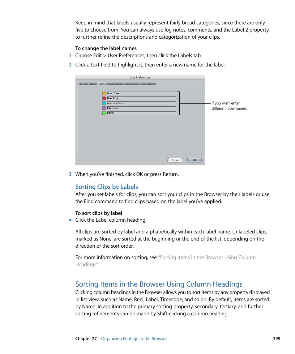 Sorting clips by labels, Sorting items in the browser using column headings | Apple Final Cut Pro 7 User Manual | Page 399 / 1990