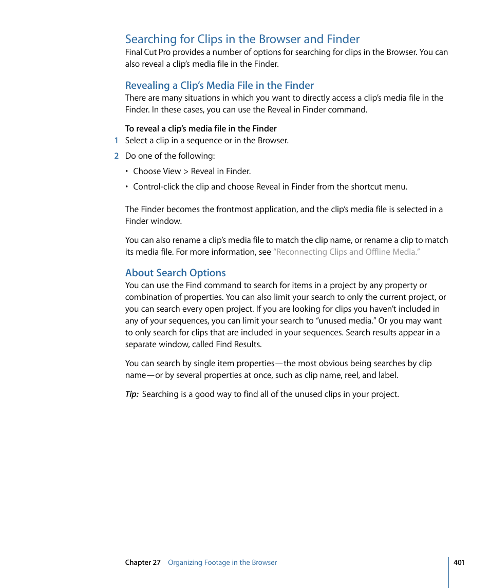 Searching for clips in the browser and finder, Revealing a clip’s media file in the finder, About search options | Apple Final Cut Pro 7 User Manual | Page 401 / 1990