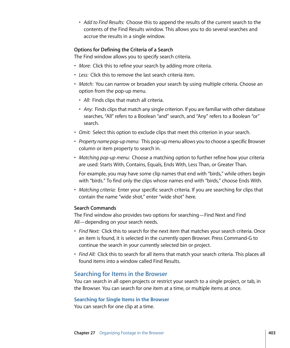 Searching for items in the browser, Searching for single items in the browser | Apple Final Cut Pro 7 User Manual | Page 403 / 1990