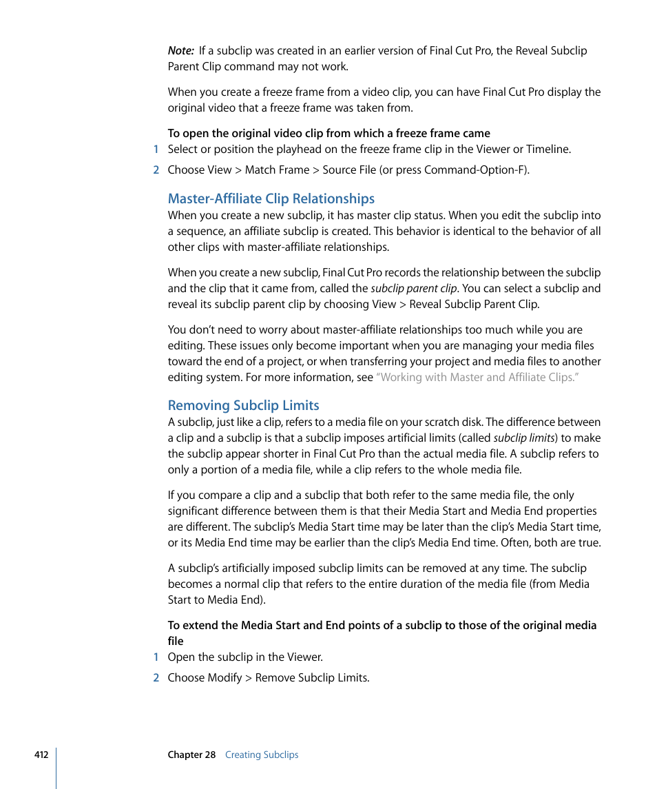 Master-affiliate clip relationships, Removing subclip limits | Apple Final Cut Pro 7 User Manual | Page 412 / 1990