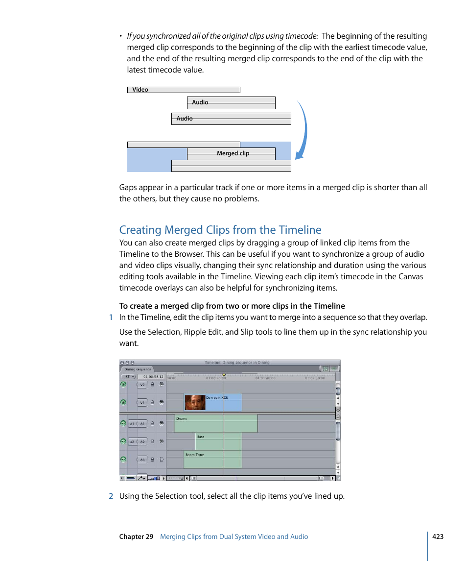 Creating merged clips from the timeline | Apple Final Cut Pro 7 User Manual | Page 423 / 1990