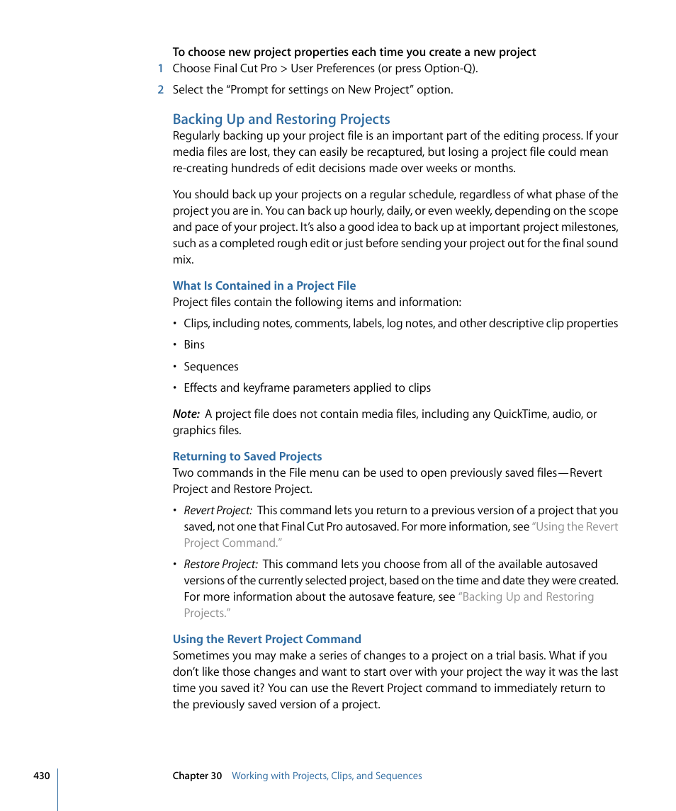 Backing up and restoring projects, What is contained in a project file, Returning to saved projects | Using the revert project command | Apple Final Cut Pro 7 User Manual | Page 430 / 1990