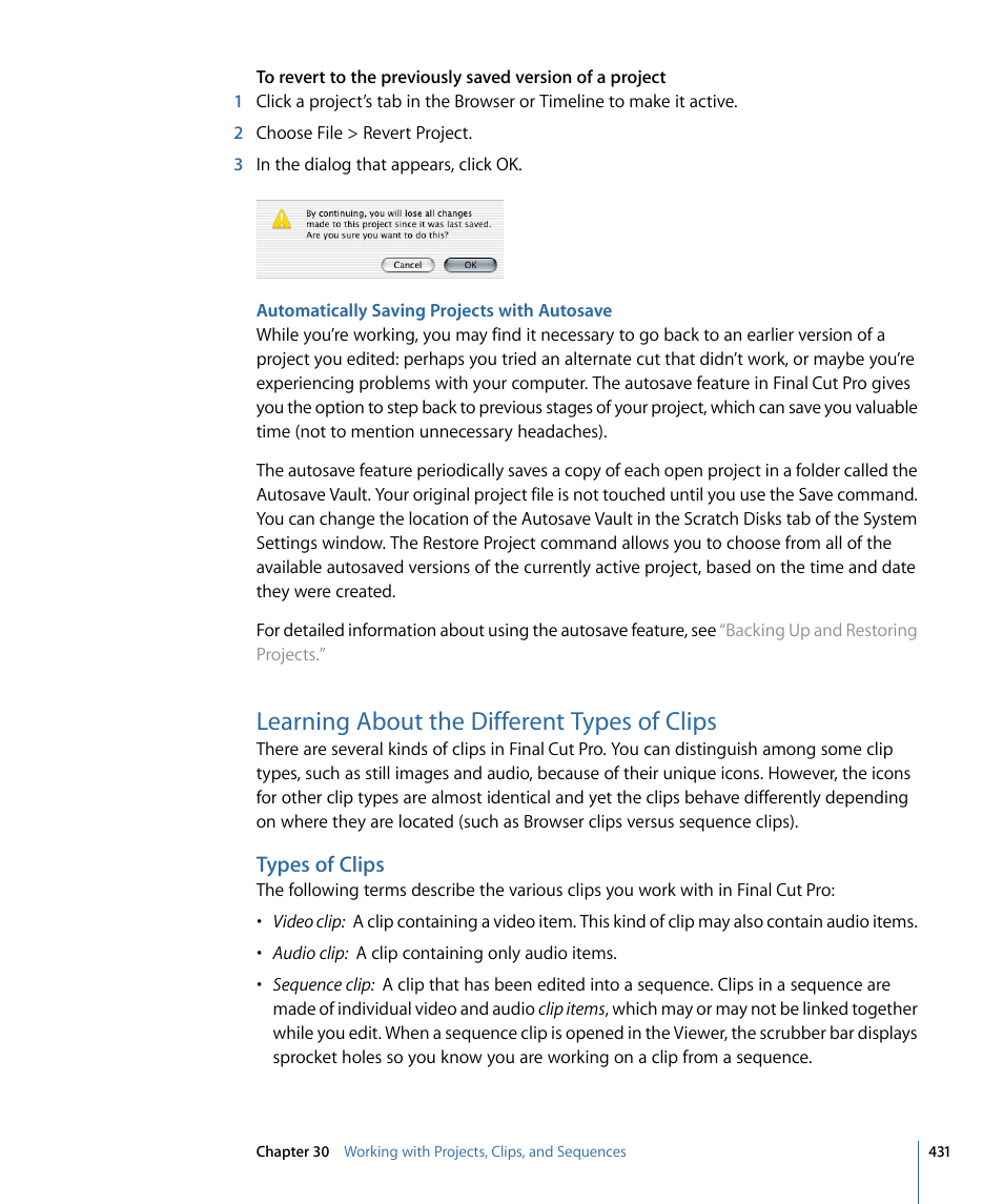 Automatically saving projects with autosave, Learning about the different types of clips, Types of clips | Apple Final Cut Pro 7 User Manual | Page 431 / 1990