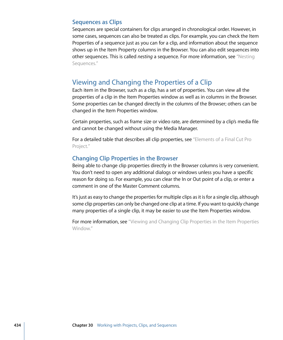 Sequences as clips, Viewing and changing the properties of a clip, Changing clip properties in the browser | Apple Final Cut Pro 7 User Manual | Page 434 / 1990