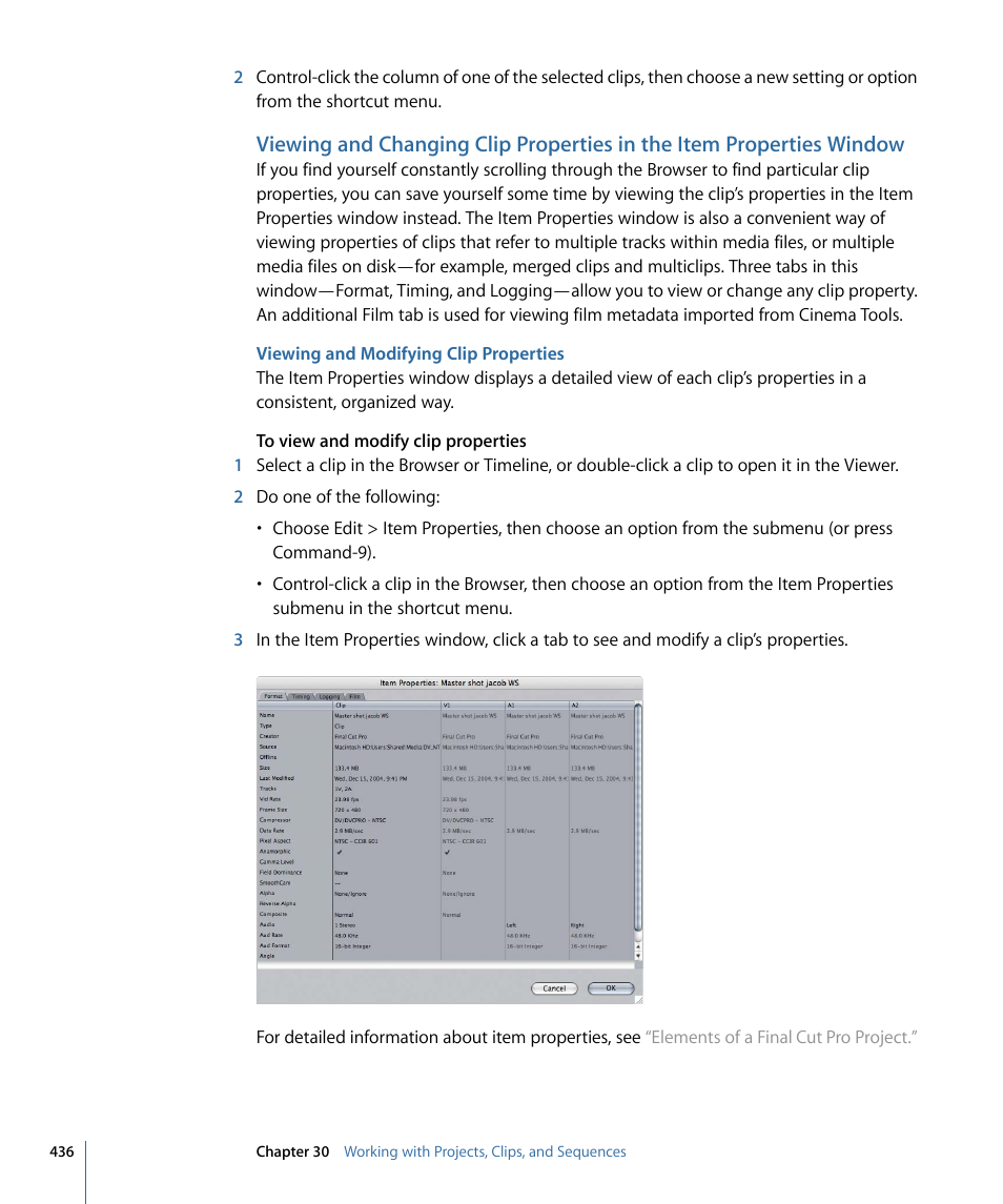 Viewing and modifying clip properties, Window | Apple Final Cut Pro 7 User Manual | Page 436 / 1990