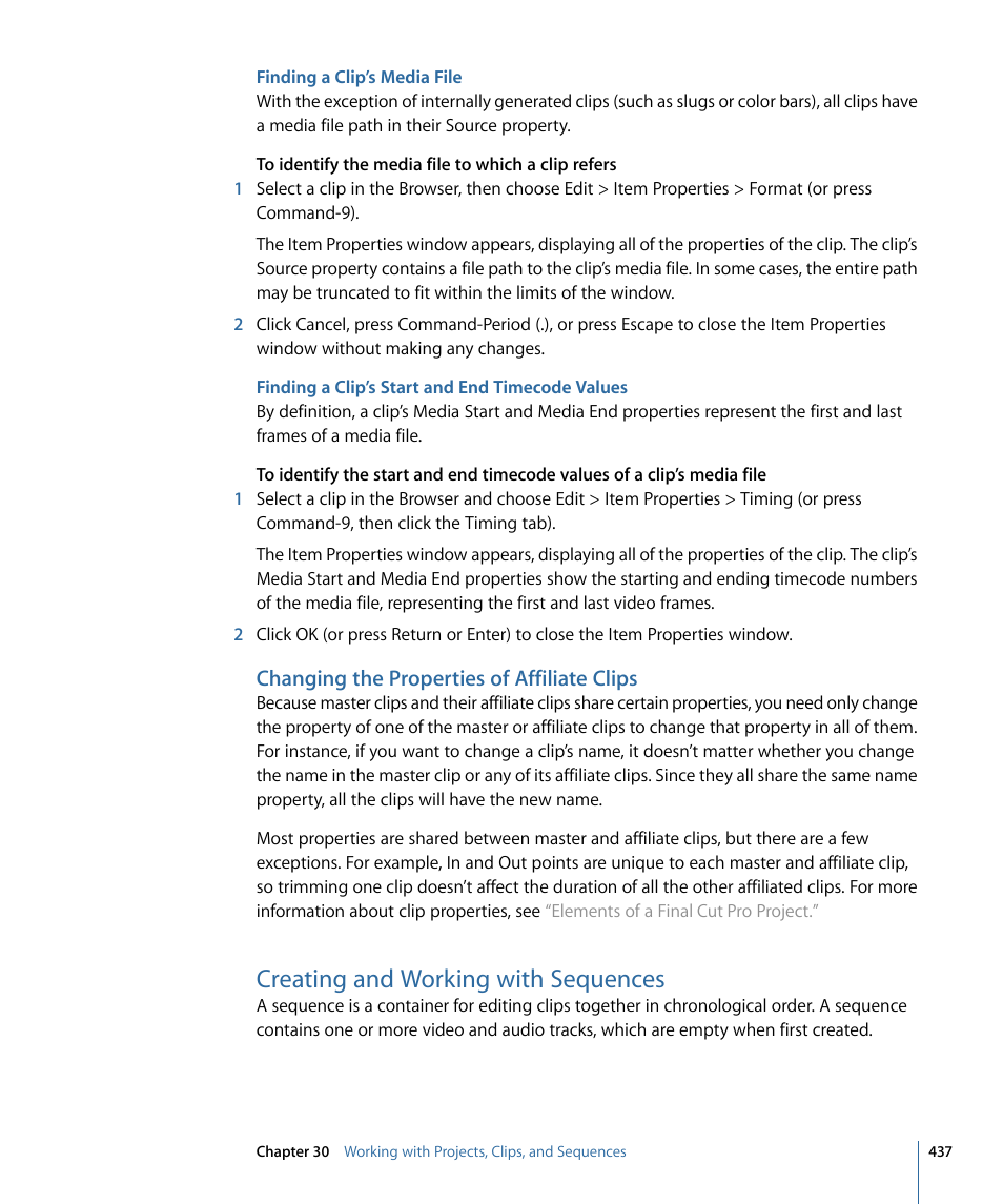 Finding a clip’s media file, Finding a clip’s start and end timecode values, Changing the properties of affiliate clips | Creating and working with sequences | Apple Final Cut Pro 7 User Manual | Page 437 / 1990