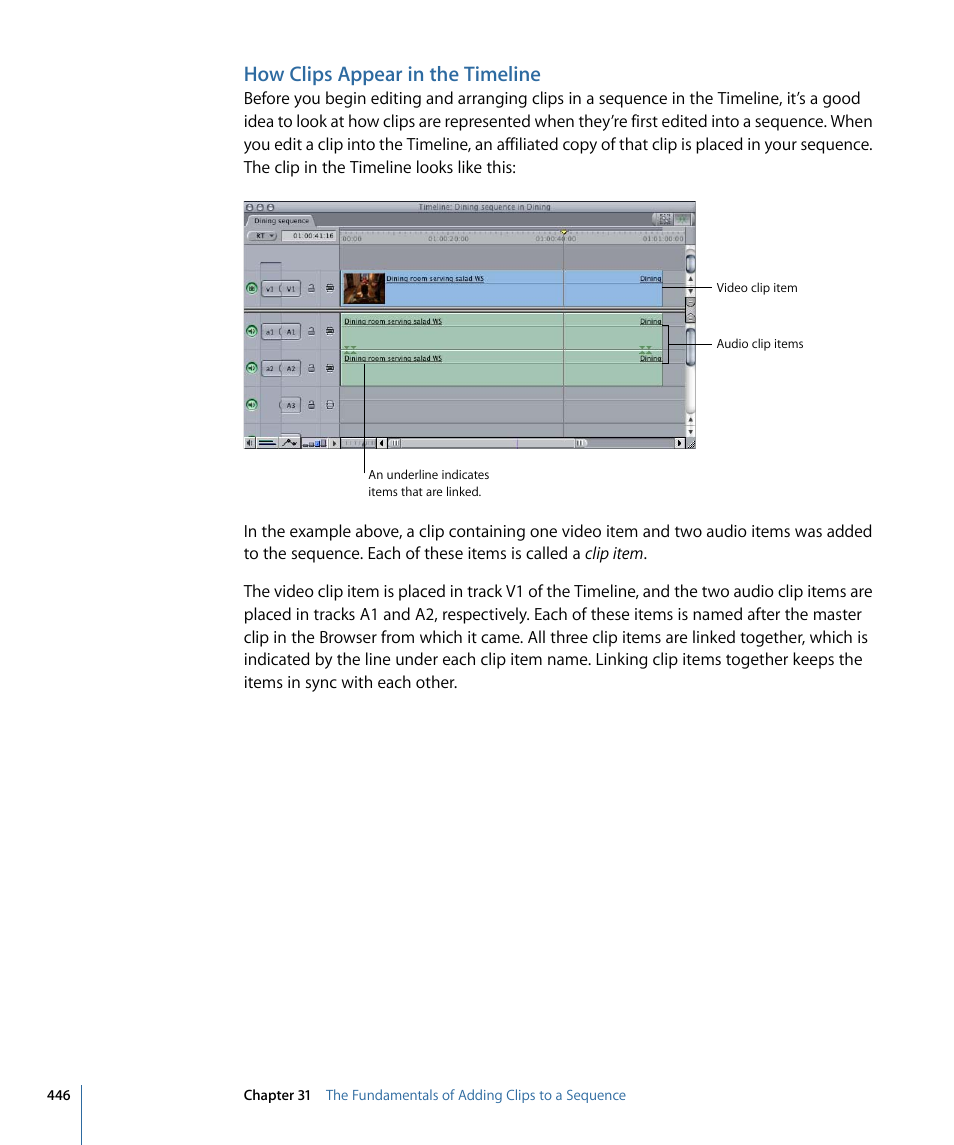 How clips appear in the timeline | Apple Final Cut Pro 7 User Manual | Page 446 / 1990