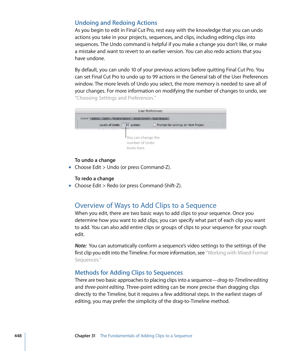 Undoing and redoing actions, Overview of ways to add clips to a sequence, Methods for adding clips to sequences | Apple Final Cut Pro 7 User Manual | Page 448 / 1990