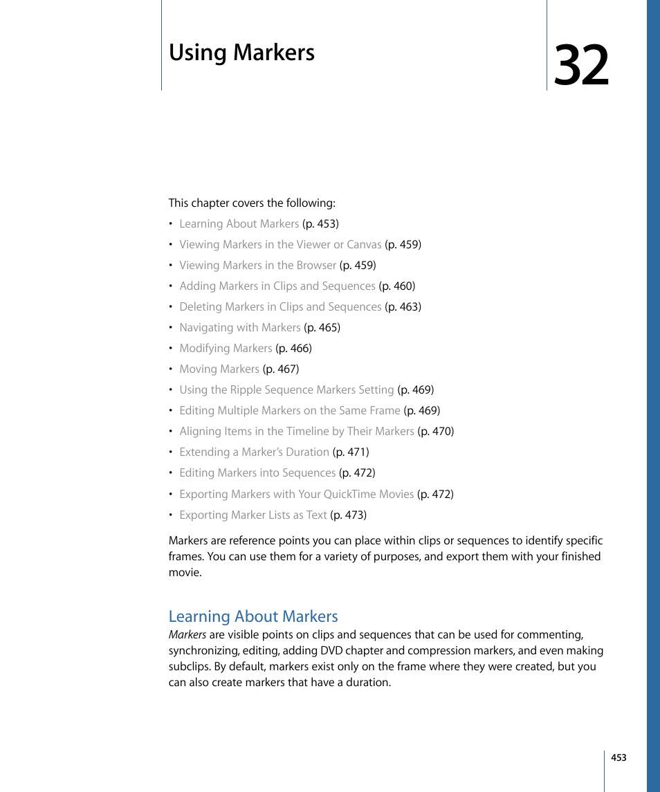 Using markers, Learning about markers, Using | Markers | Apple Final Cut Pro 7 User Manual | Page 453 / 1990