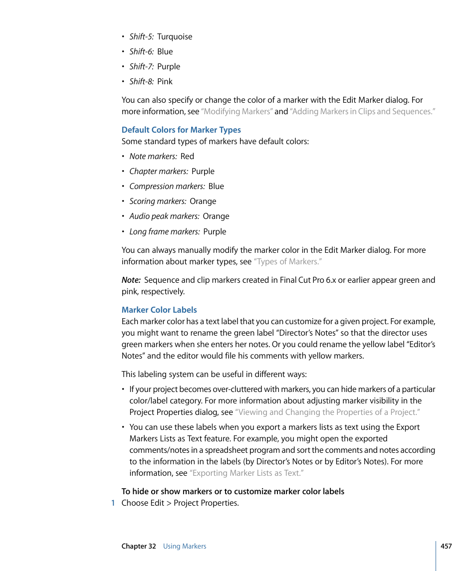 Default colors for marker types, Marker color labels | Apple Final Cut Pro 7 User Manual | Page 457 / 1990