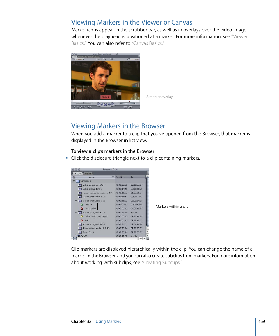 Viewing markers in the viewer or canvas, Viewing markers in the browser | Apple Final Cut Pro 7 User Manual | Page 459 / 1990