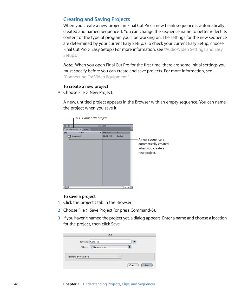 Creating and saving projects | Apple Final Cut Pro 7 User Manual | Page 46 / 1990