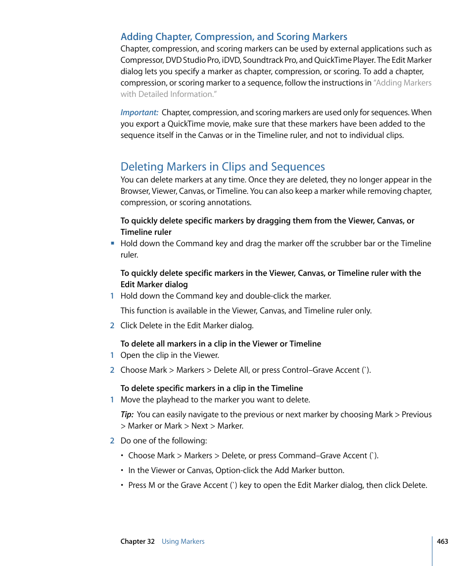 Adding chapter, compression, and scoring markers, Deleting markers in clips and sequences | Apple Final Cut Pro 7 User Manual | Page 463 / 1990