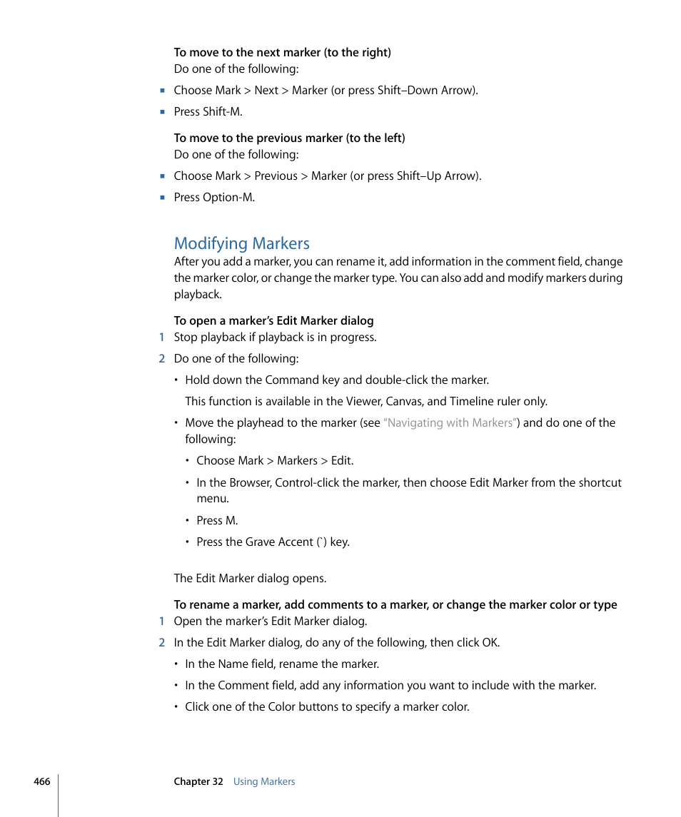 Modifying markers, Tion, see | Apple Final Cut Pro 7 User Manual | Page 466 / 1990