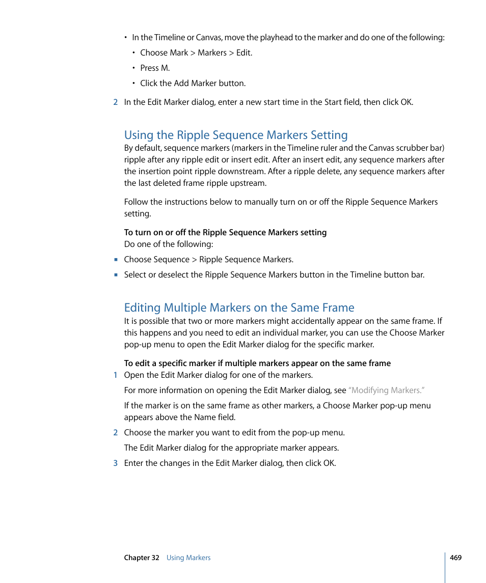 Using the ripple sequence markers setting, Editing multiple markers on the same frame | Apple Final Cut Pro 7 User Manual | Page 469 / 1990