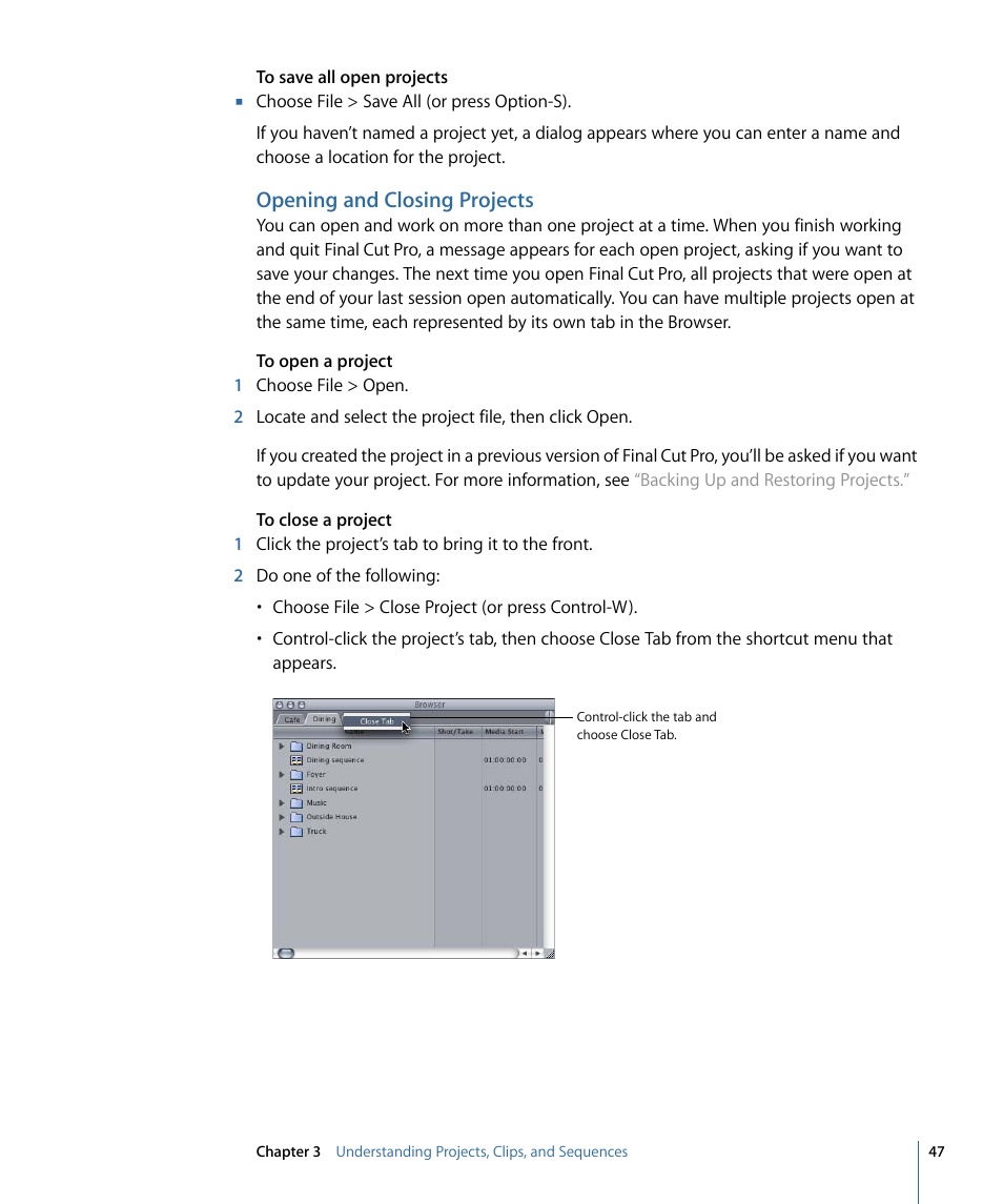 Opening and closing projects | Apple Final Cut Pro 7 User Manual | Page 47 / 1990