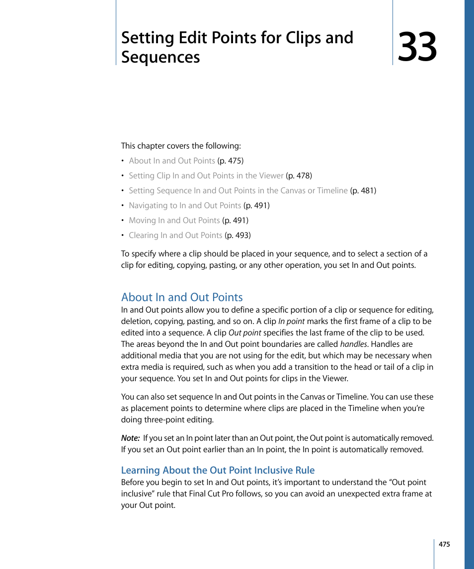 Setting edit points for clips and sequences, About in and out points, Learning about the out point inclusive rule | Apple Final Cut Pro 7 User Manual | Page 475 / 1990