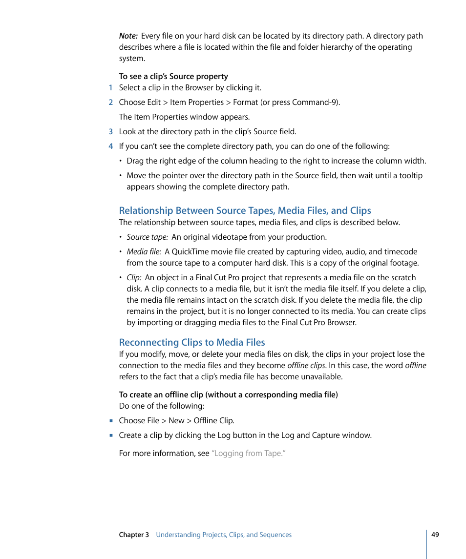 Reconnecting clips to media files | Apple Final Cut Pro 7 User Manual | Page 49 / 1990