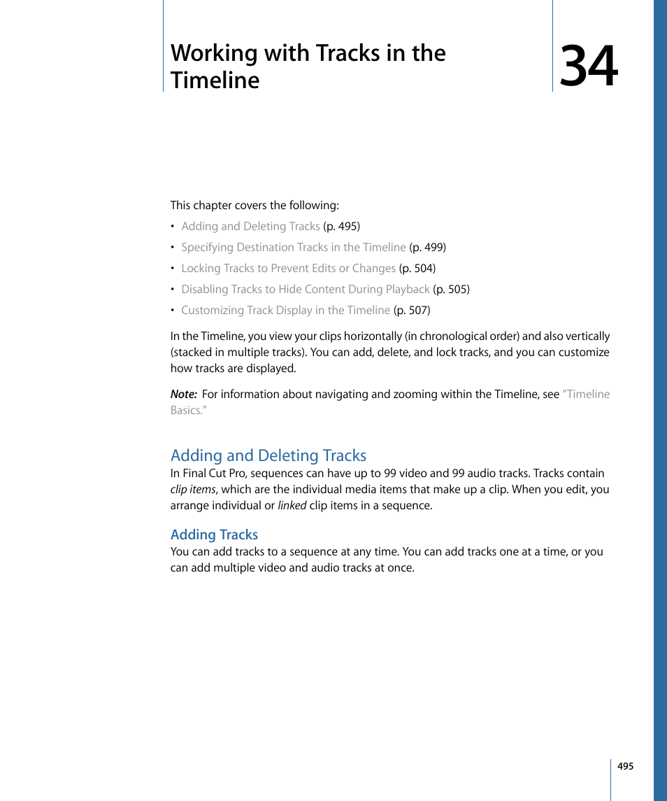 Working with tracks in the timeline, Adding and deleting tracks, Adding tracks | Apple Final Cut Pro 7 User Manual | Page 495 / 1990